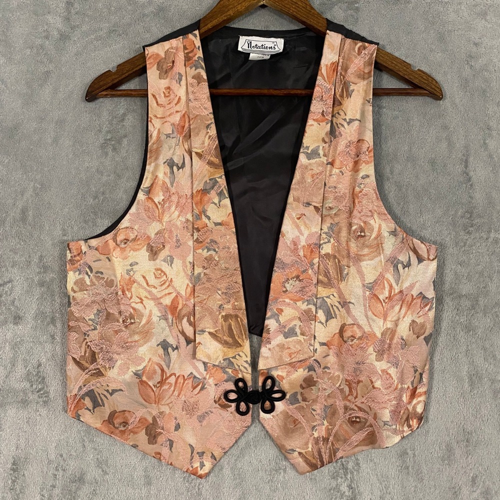Notations Vest Womens Small Peach Floral Tapestry Frog Closure Vintage Made USA